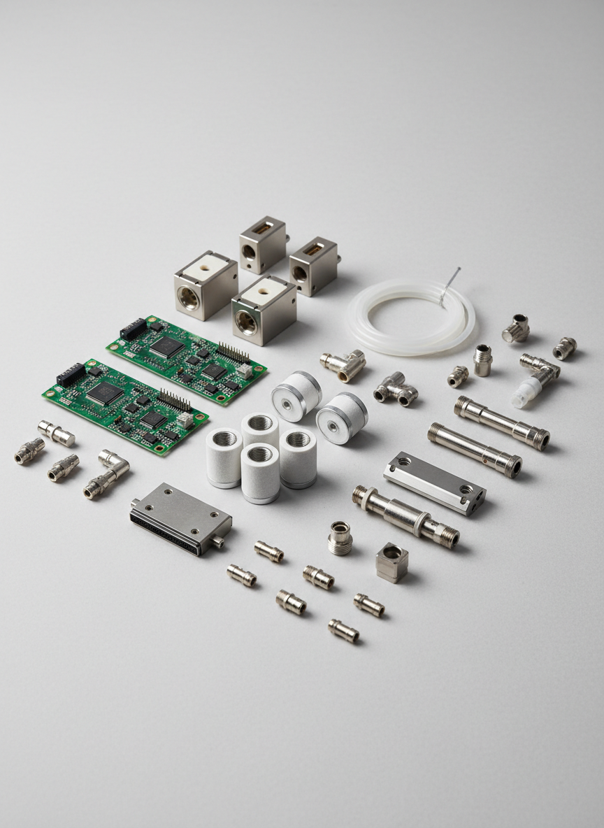 A clean, professional still-life product photo of ceramic inkjet printer spare parts, including printheads, circuit boards, filters, tubing, and connectors, neatly arranged on a light neutral background. Soft industrial lighting, high detail, catalog style, no people, suitable for an industrial ceramic inkjet printer company website.